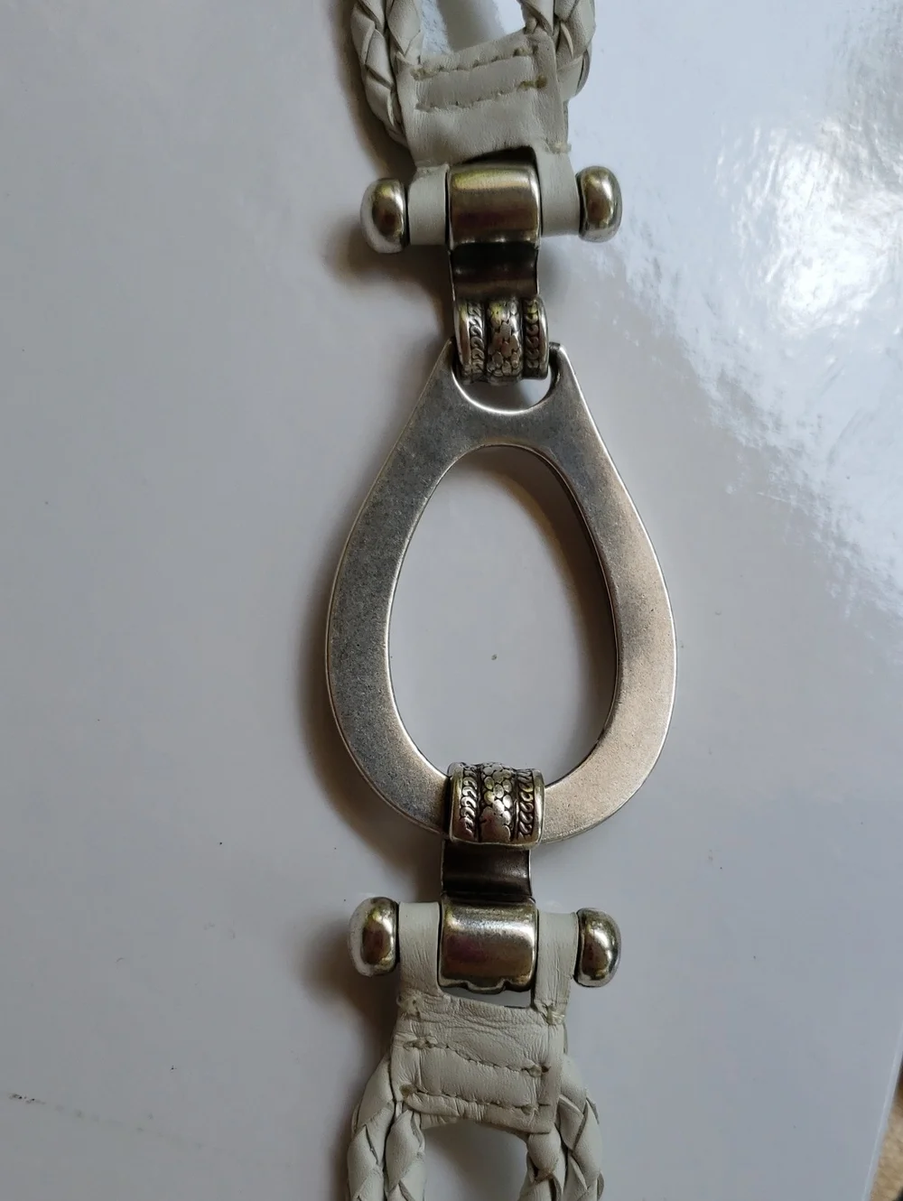 White Braided Leather Belt with Silver Hardware 38